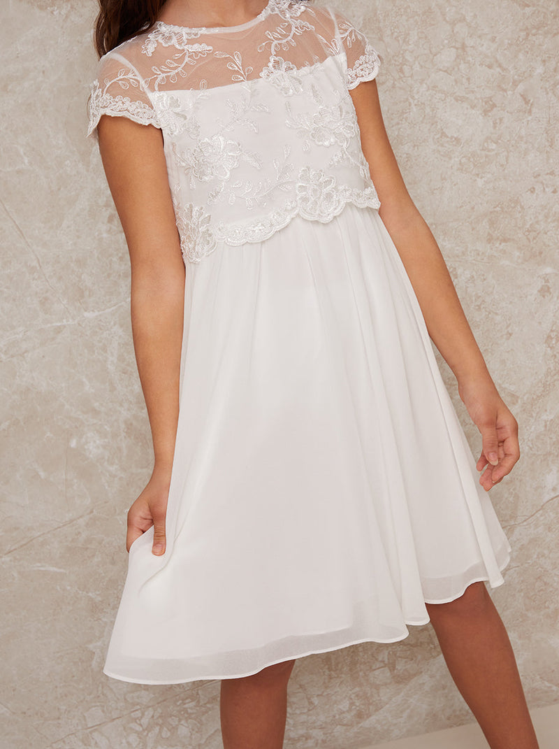 Girls Short Sleeve Embroidered Dress in White