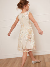 Older Girls Sleeveless Floral Embroidered Midi Dress in Cream