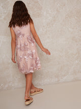 Girls Sleeveless Floral Embroidered Midi Dress in Pink