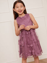 Younger Girls Sleeveless Floral Embroidered Midi Dress in Berry