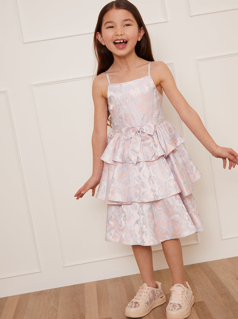 Younger Girls Floral Jacquard Tiered Midi Dress in Pink
