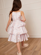 Younger Girls Floral Jacquard Tiered Midi Dress in Pink
