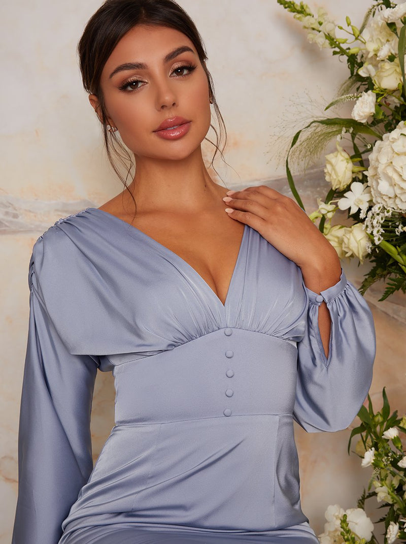 Satin Bridesmaid Midi Dress With Long Sleeve In Blue