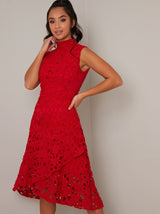 Petite High Neck Sleeveless Lace Midi Dress in Red