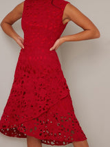 Petite High Neck Sleeveless Lace Midi Dress in Red