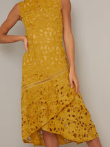 Tall High Neck Lace Crochet Midi Dress in Yellow