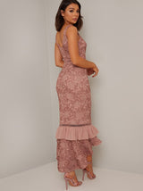 Bodycon Lace Crochet Frill Hem Midi Dress in Rose Gold