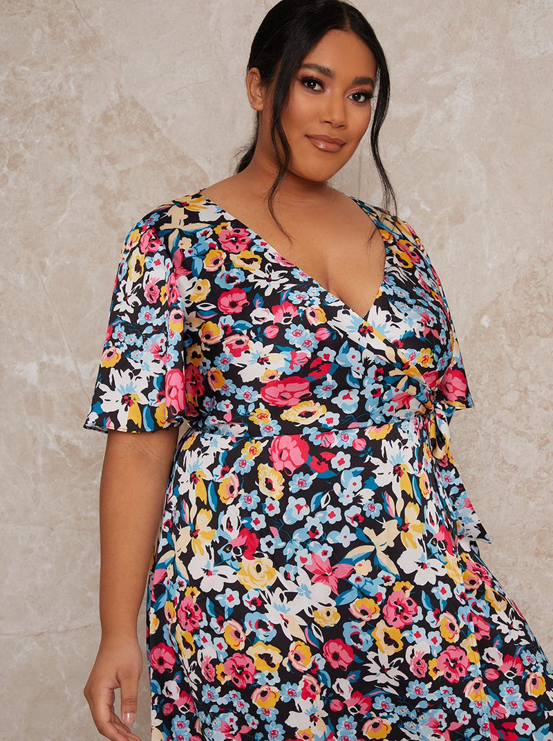 Plus Size Short Sleeve Floral Print Midi Wrap Day Dress in Black