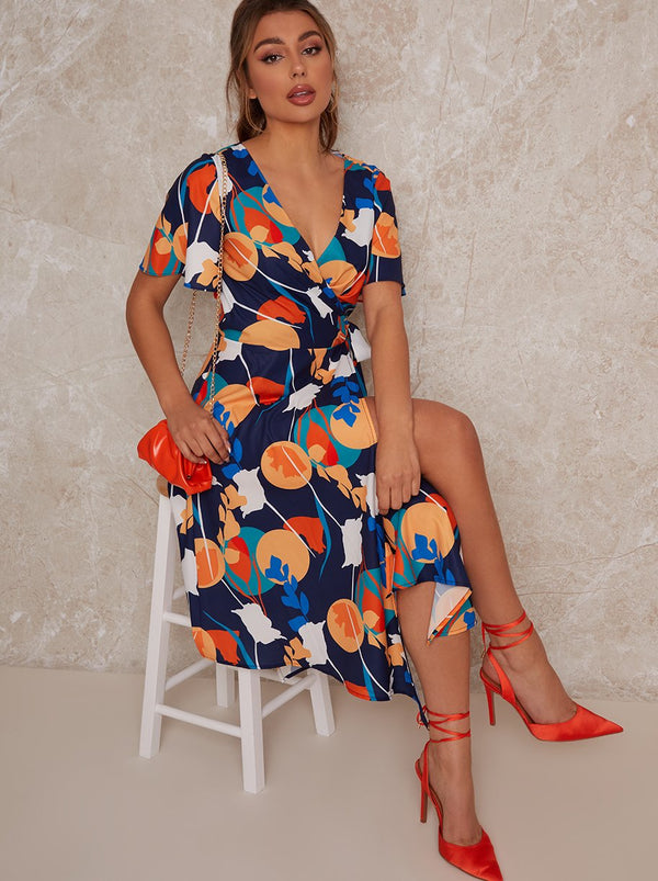 Abstract Print Midi Wrap Day Dress with Short Sleeves in Blue