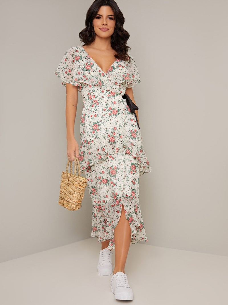 Wrap Day Dress with Floral Print Design in Cream