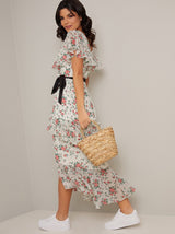 Wrap Day Dress with Floral Print Design in Cream