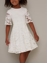 Girls Short Sleeved Lace Overlay Dress in White