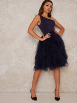 Tulle Ruffle Midi Party Dress in Blue