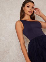 Tulle Ruffle Midi Party Dress in Blue