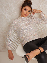 High Neck Sequin Long Sleeve Top in Neutral