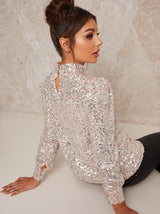 High Neck Sequin Long Sleeve Top in Neutral
