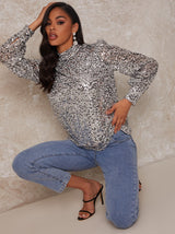 Long Sleeve High Neck Sequin Top in Silver