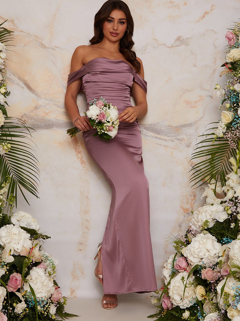 Bardot Ruched Satin Bridesmaid Maxi Dress in Lilac