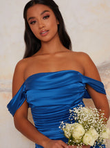 Petite Satin Finish Bardot Bridesmaid Dress in Blue