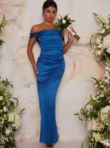 Satin Finish Bardot Dress in Blue