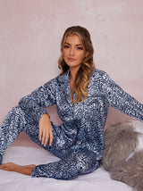Long Sleeved Animal Print Silky Pyjama Set in Blue