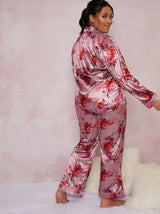 Plus Size Satin Finish Pyjama Set in Pink