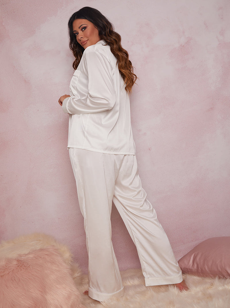 Plus Size Long Sleeved Silky Pyjama Set in White