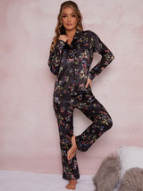 Long Sleeved Silky Floral Print Pyjama Set in Multi