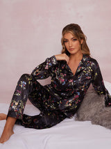Long Sleeved Silky Floral Print Pyjama Set in Multi