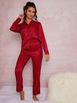 Chi Satin Finish Embossed Pyjama Set in Red