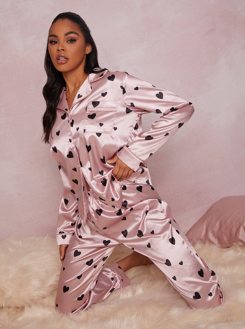 Heart Print Pyjama Set in Pink