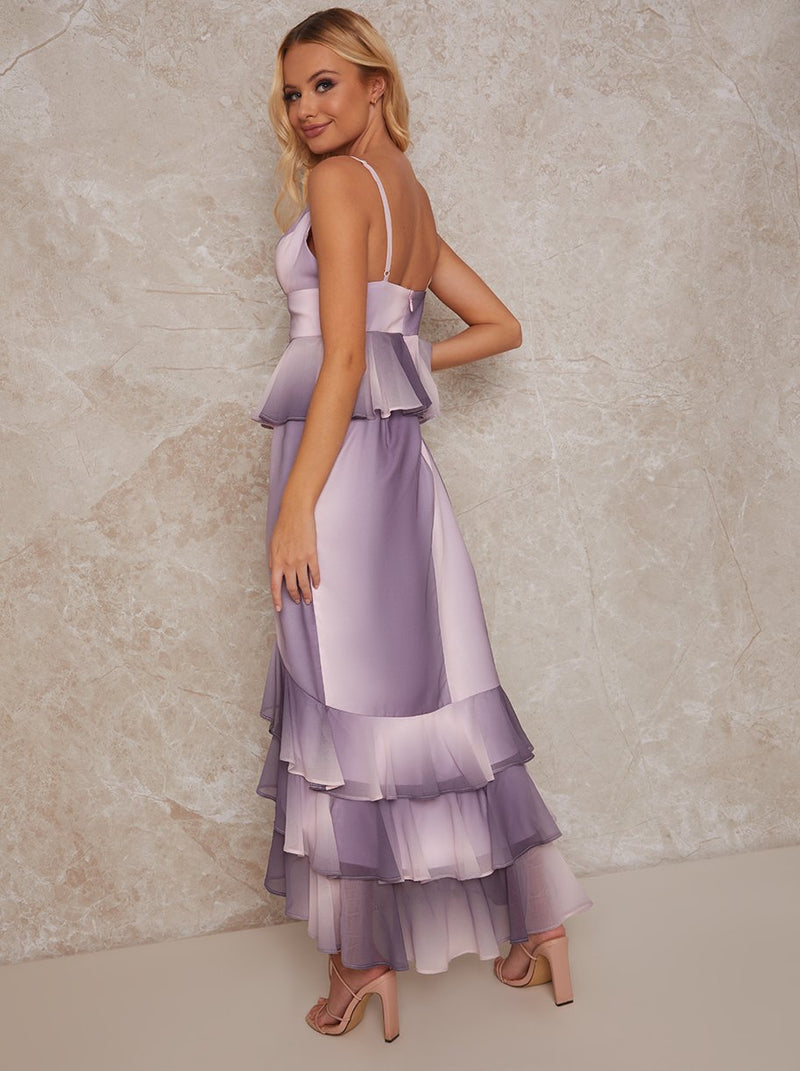 Petite Cami Strap Ruffle Detail Bodycon Dress in Purple & Pink Ombre