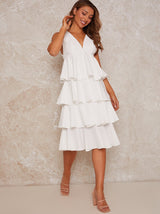 Sleeveless Ruffle Midi Dress in White