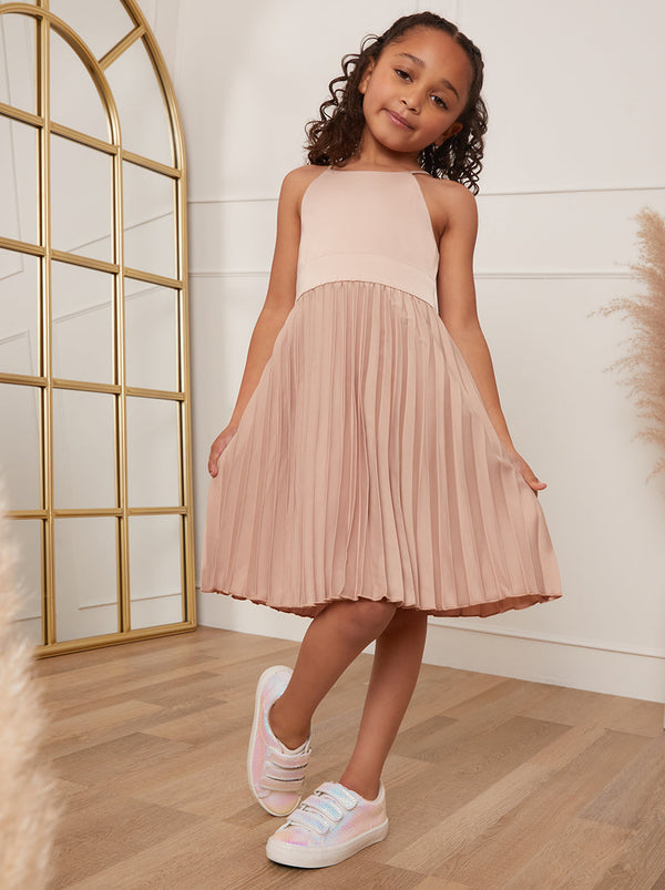 Younger Girls Pleated Satin Flower Girl Dress in Champagne