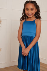 Younger Girls Pleated Satin Dress in Blue