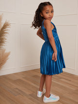 Younger Girls Pleated Satin Dress in Blue