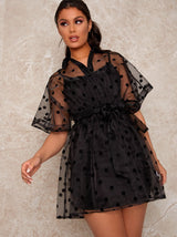 Sheer Polka Dot Mini Shirt Dress in Black