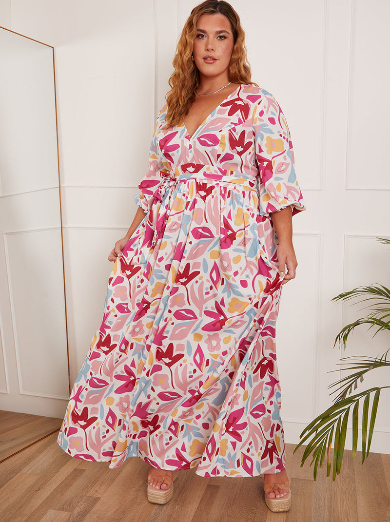 Plus Size Floral Wrap Maxi Dress in Pink