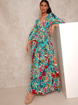 V Neck Floral Print Maxi Day Dress in Multi