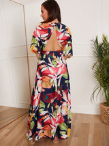 Petite Cut-Out Floral Maxi Dress in Navy