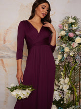 Long Sleeve V Neck Bridesmaid Maxi Dress with Thigh Split in Berry