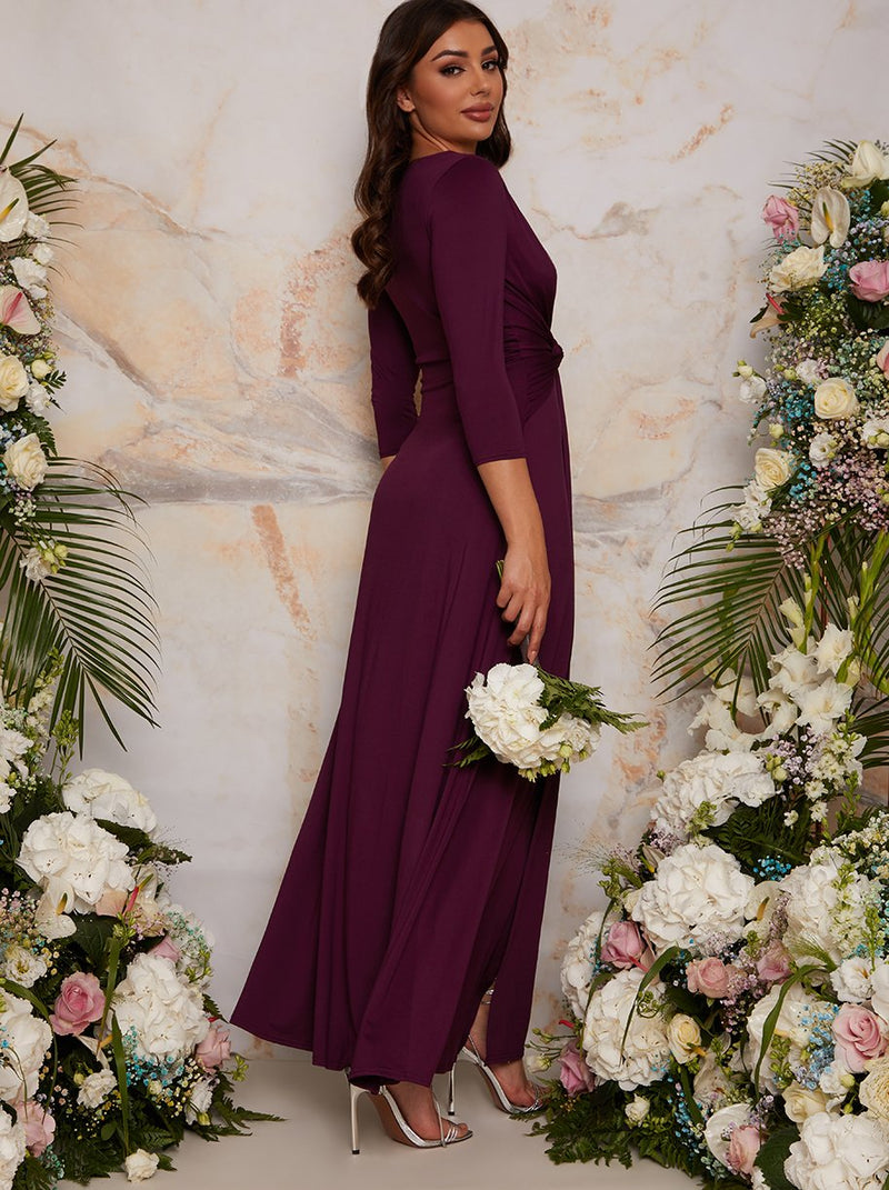 Long Sleeve V Neck Bridesmaid Maxi Dress with Thigh Split in Berry