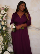 Plus Size Long Sleeve V Neck Bridesmaid Maxi Dress with Thigh Split in Berry