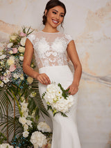 Sheer Floral Lace Wedding Dress in White