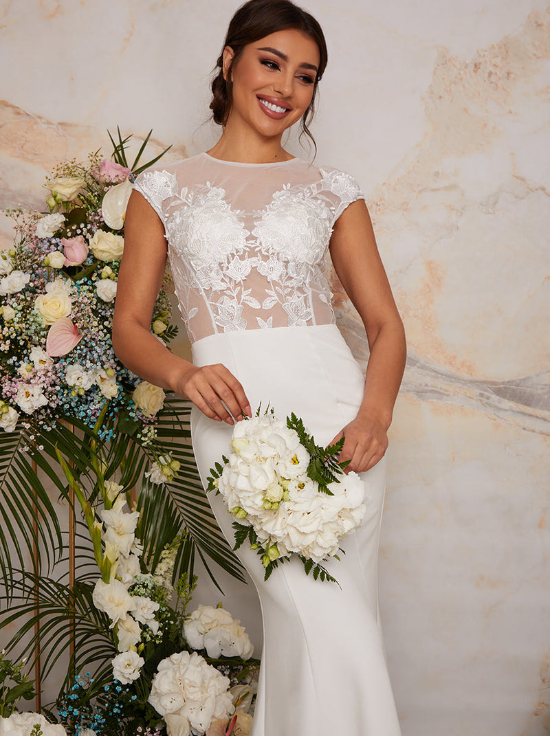 Sheer Floral Lace Wedding Dress in White