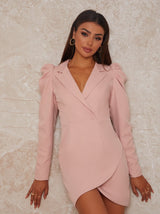 Puff Sleeve Blazer Dress with Asymmetric Skirt in Pink