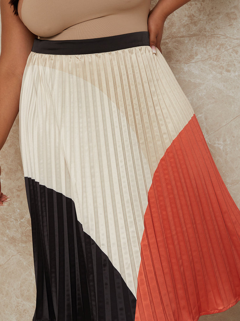 Plus Size High Waist Colour Block Pleated Midi Skirt in Multi