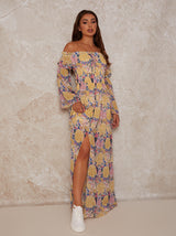 Floral Bardot Maxi Dress with Floaty Sleeves in Multicolour