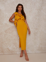 One Shoulder Ruffle Detail Bodycon Dress in Yellow