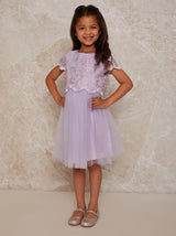 Girls Lace Overlay Dress with Mesh Skirt in Lilac